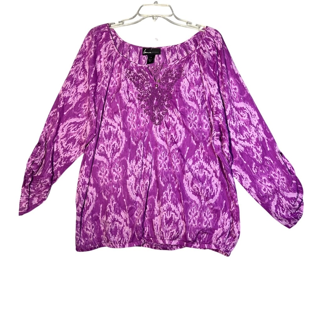 Lane Bryant Women's Size 14 Purple Ikat Embroidered Tie Neck Blouse Top Cotton